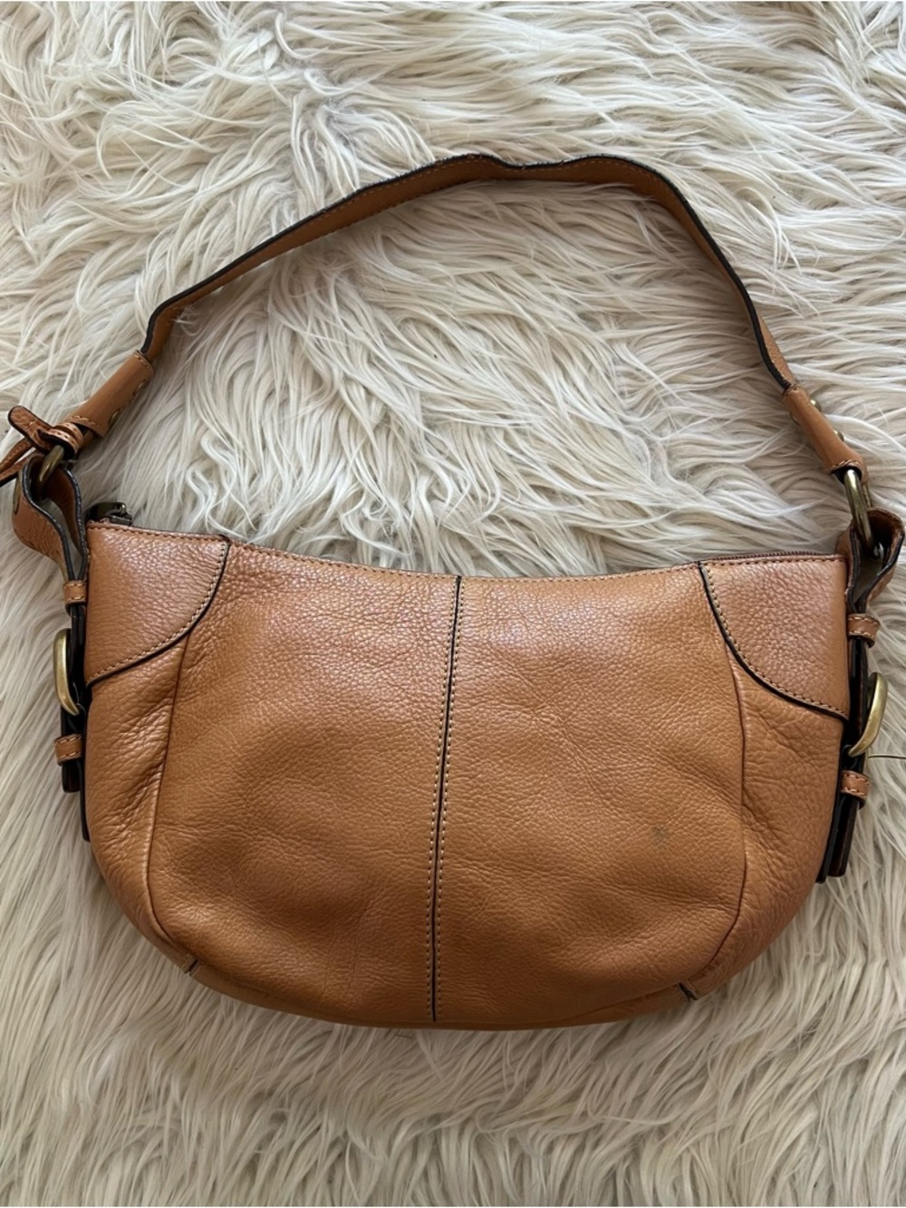 Vintage Y2K Fossil Tan Leather Shoulder Bag Purse Key Boho Brass Hardware